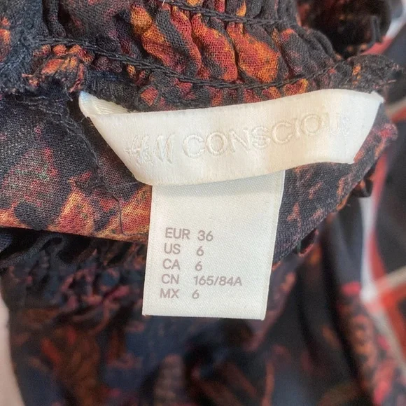 H&M Black & Orange Floral Long Sleeve Blouse Women’s Size 6 Boho Fall Top - Picture 11 of 12